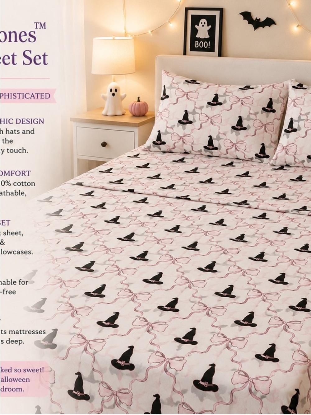 Whimsical Witch Hat Cotton Sheet Set - Pink & Black